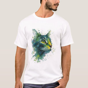 Emerald Green Watercolor Cat Face Modern Art T-Shirt