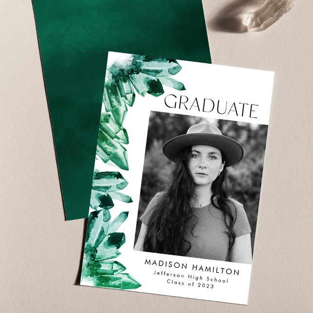 Emerald Green Watercolor Crystal Photo Graduation Announcement (Creator Uploaded)