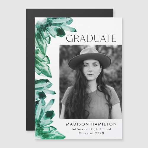 Emerald Green Watercolor Crystals Photo Graduation Magnetic Invitation
