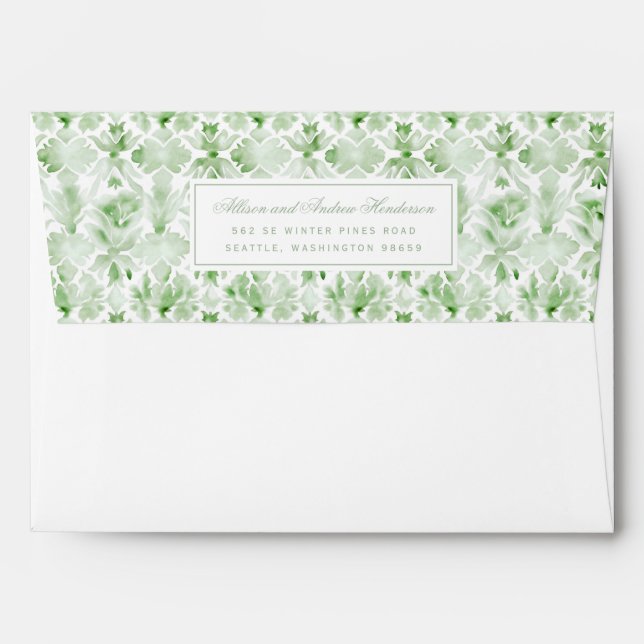 Emerald Green Watercolor Damask Wedding Envelope (Back (Top Flap))