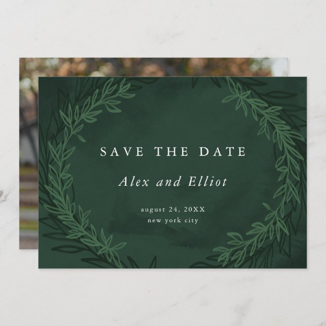 Emerald Green Watercolor Dramatic Save the Date Invitation (Front/Back)