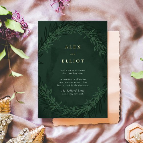 Emerald Green Watercolor Dramatic Wedding Gold Foil Invitation