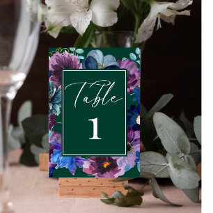 Emerald green watercolor floral Winter Wedding Table Number