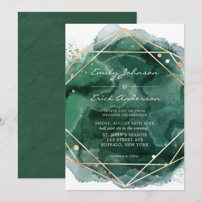Emerald Green Watercolor Gold Geometric Wedding Invitation (Front/Back)