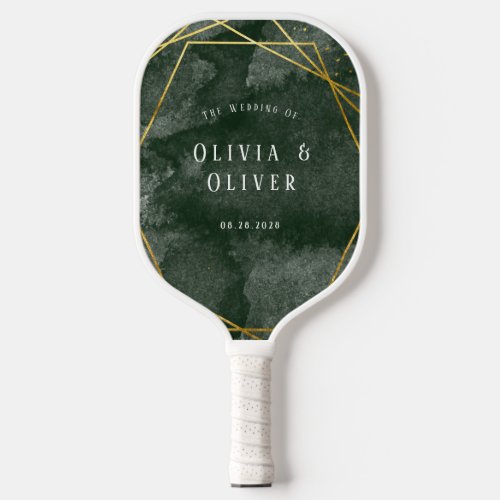 Emerald Green Watercolor Gold Geometric Wedding Pickleball Paddle