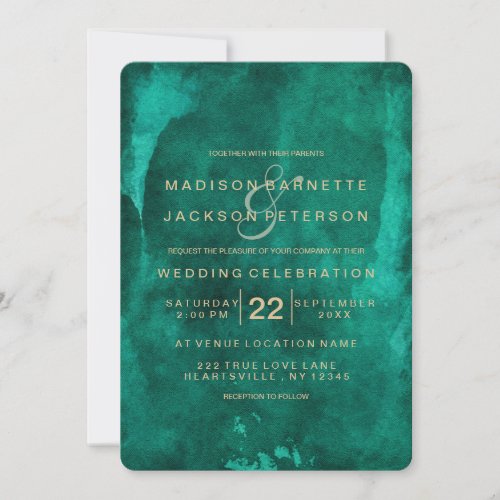 Emerald Green Watercolor Gold Wedding Invitations