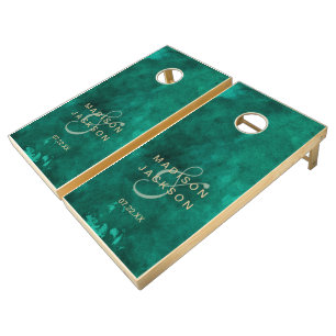 Emerald Green Watercolor & Gold Wedding Monogram Cornhole Set