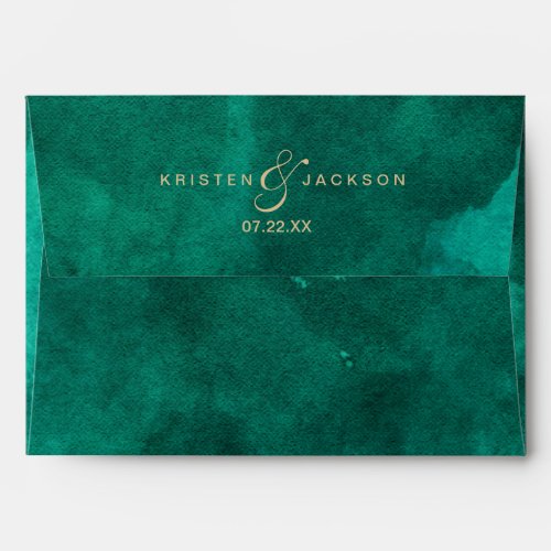 Emerald Green Watercolor  Gold Wedding Monogram Envelope