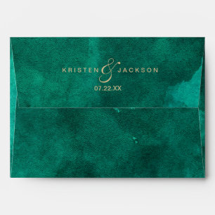 Emerald Green Watercolor & Gold Wedding Monogram Envelope