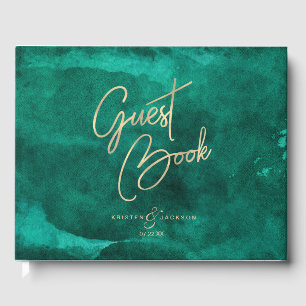 Emerald Green Watercolor & Gold Wedding Monogram Guest Book