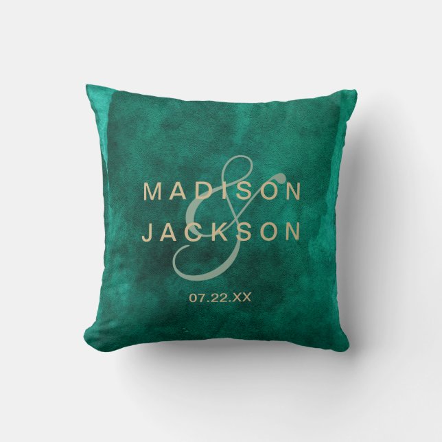 Emerald Green Watercolor & Gold Wedding Monogram Throw Pillow (Front)