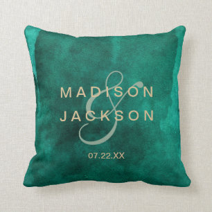 Emerald Green Watercolor & Gold Wedding Monogram Throw Pillow