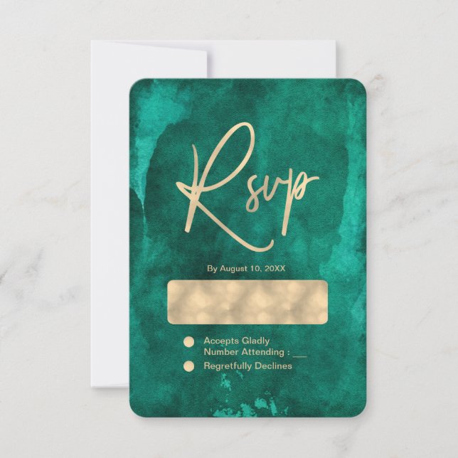 Emerald Green Watercolor & Gold Wedding RSVP (Front)