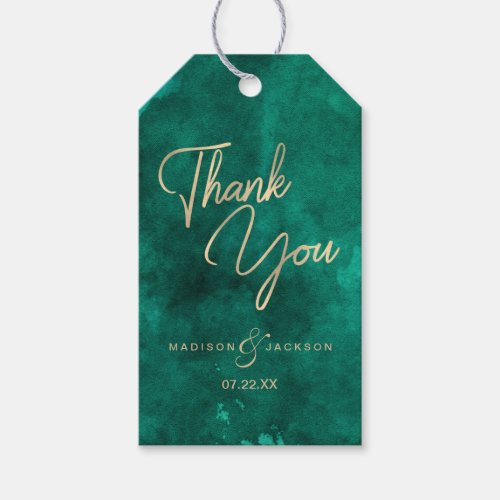 Emerald Green Watercolor & Gold Wedding Thank You Gift Tags