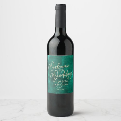 Emerald Green Watercolor & Gold Wedding Welcome Wine Label