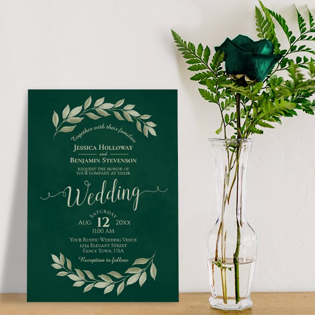 Emerald Green Watercolor Laurel Leaves Wedding Invitation (Creator Uploaded)