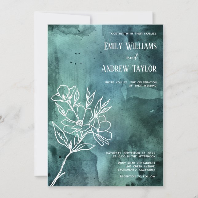 Emerald green watercolor minimalistic invitation (Front)