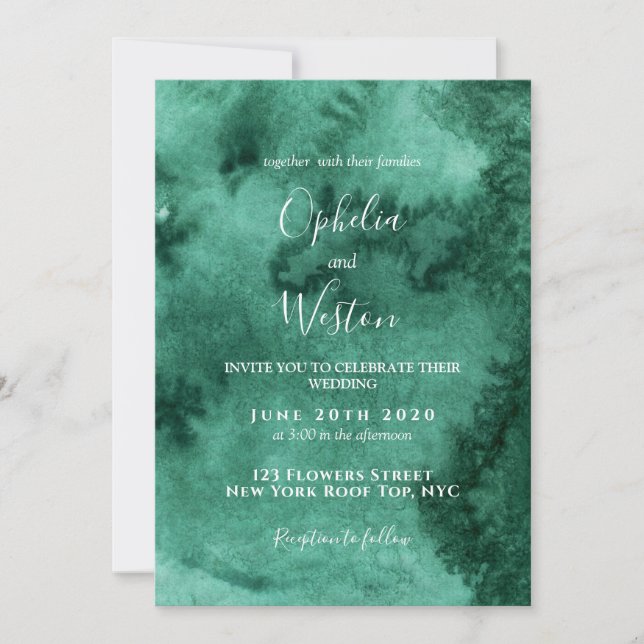 Emerald Green Watercolor Modern Elegant Wedding Invitation (Front)