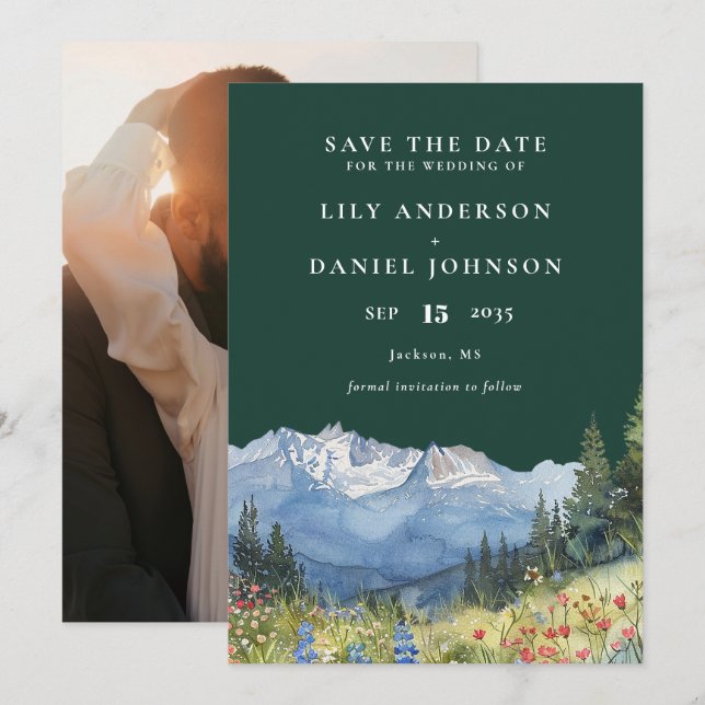 Emerald Green Watercolor Mountain Photo Wedding Save The Date (Front/Back)