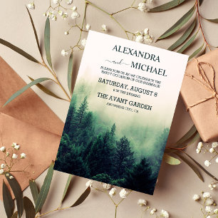 Emerald Green Watercolor Pine Tree Wedding Invitation