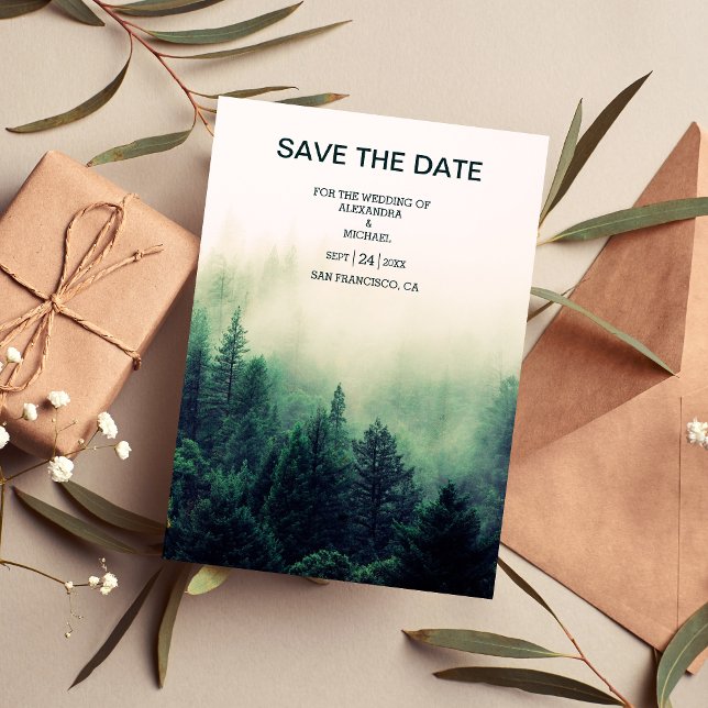 Emerald Green Watercolor Pine Tree Wedding Save The Date (Creator Uploaded)