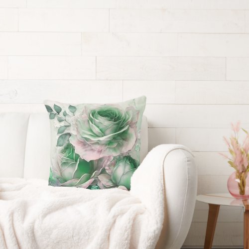 Emerald Green Watercolor Rose Enlarged Throw Pillow