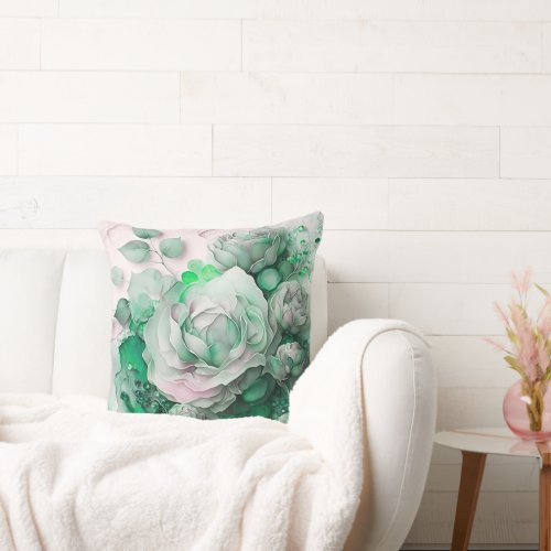 Emerald Green Watercolor Rose Enlarged Throw Pillow