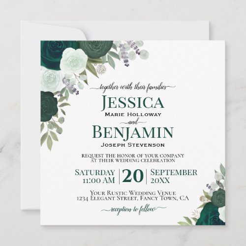 Emerald Green Watercolor Roses Elegant Wedding Invitation