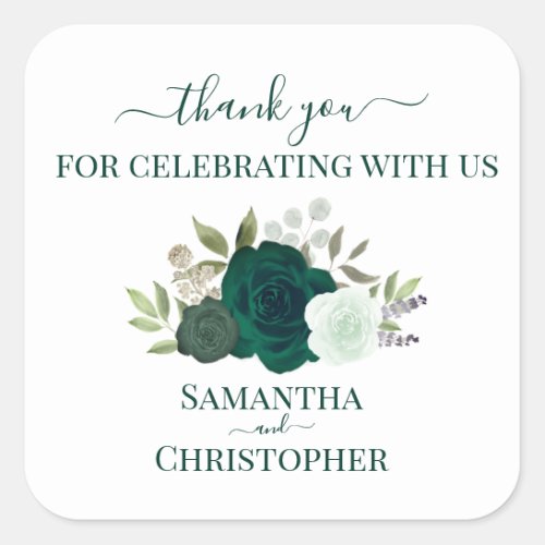 Emerald Green Watercolor Roses Wedding Thank You Square Sticker