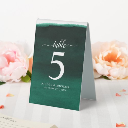 Emerald Green Watercolor Wedding Number Table Tent Sign