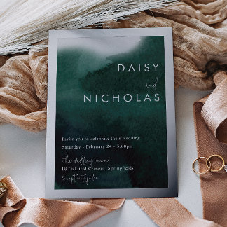 Emerald Green Watercolor Wedding Silver  Foil Invitation