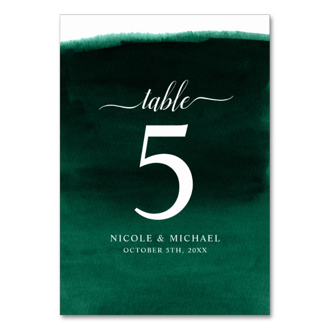 Emerald Green Watercolor Wedding Table Number (Front)