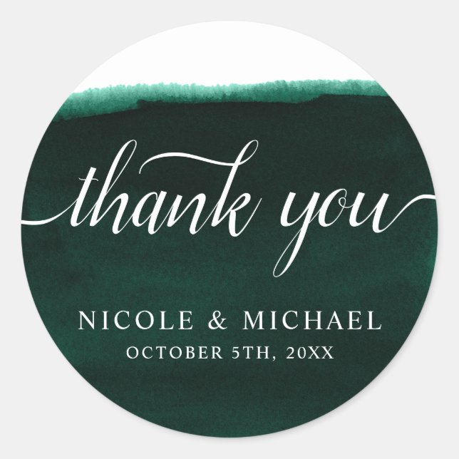 Emerald Green Watercolor Wedding Thank You Classic Round Sticker (Front)