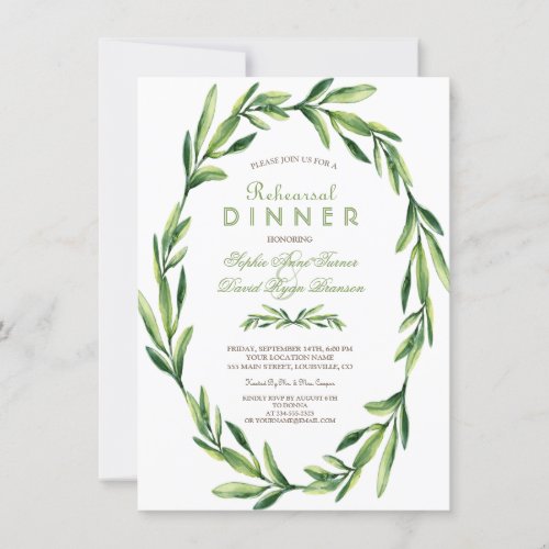 Emerald Green Watercolor Wreath Rehearsal Dinner Invitation