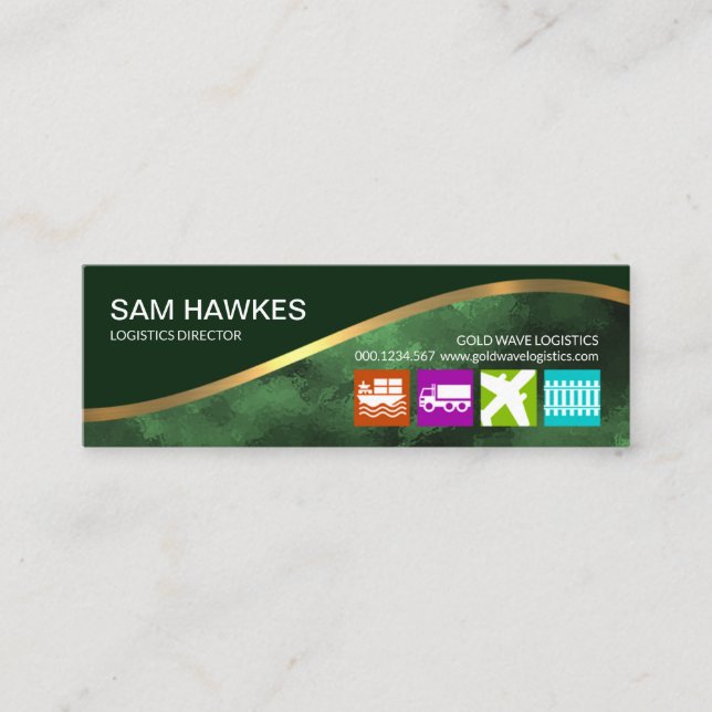 Emerald Green Wave Green Grunge Logistics Mini Business Card (Front)