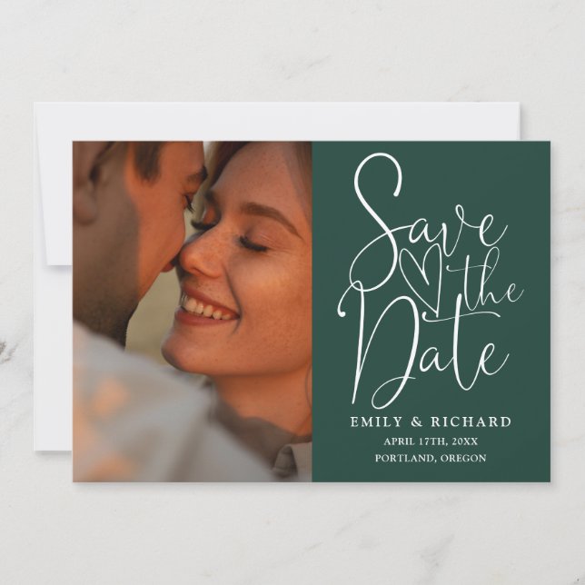 Emerald Green Wedding 2 Photo Elegant Script Save The Date (Front)