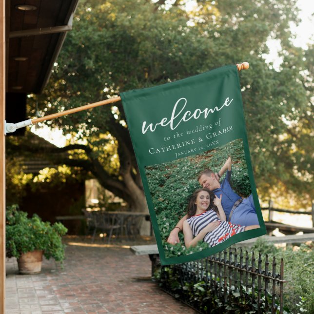 Emerald Green Wedding Couple Photo Welcome House Flag (In SItu)