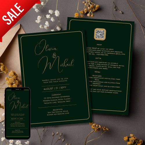 Emerald Green Wedding Invitation with Gold Text