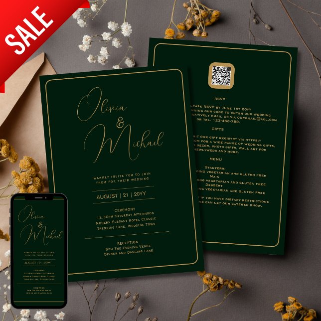 Emerald Green Wedding Invitation with Gold Text (Creator Uploaded)