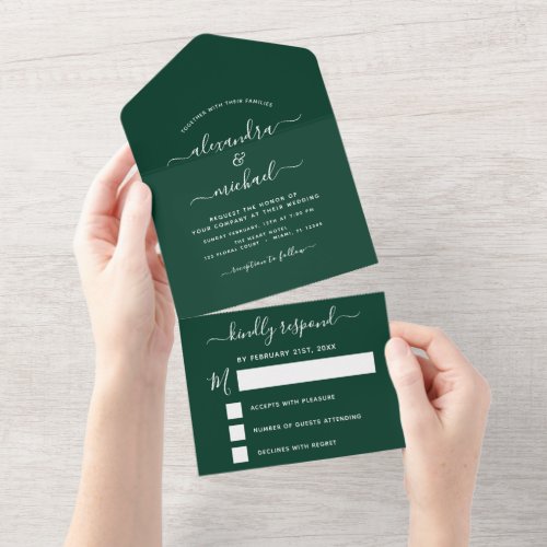 Emerald Green Wedding Modern Typography RSVP All In One Invitation