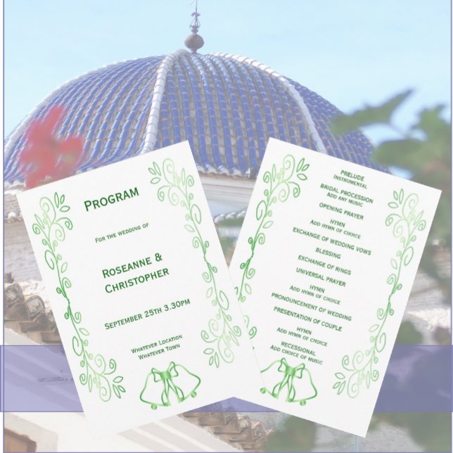 Emerald Green Wedding Program Bells Scrollwork (Emerald green wedding church program bells and scrollwork design)
