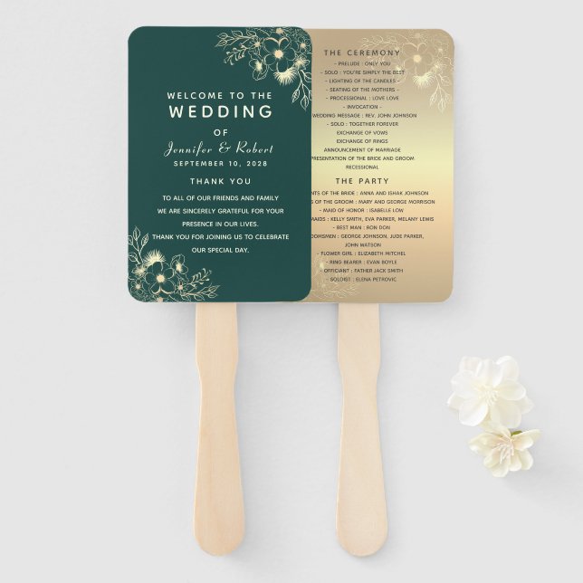 Emerald Green Wedding Program Hand Fan (Front and Back)