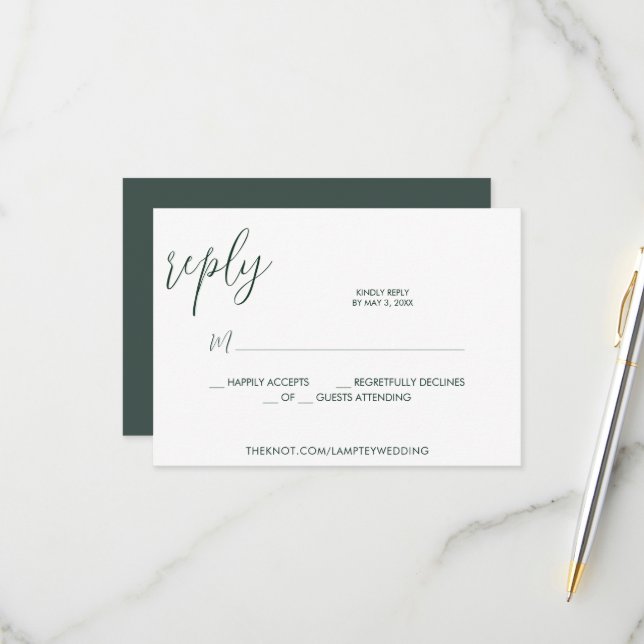Emerald Green Wedding RSVP Calligraphy Simple Card (Front/Back In Situ)