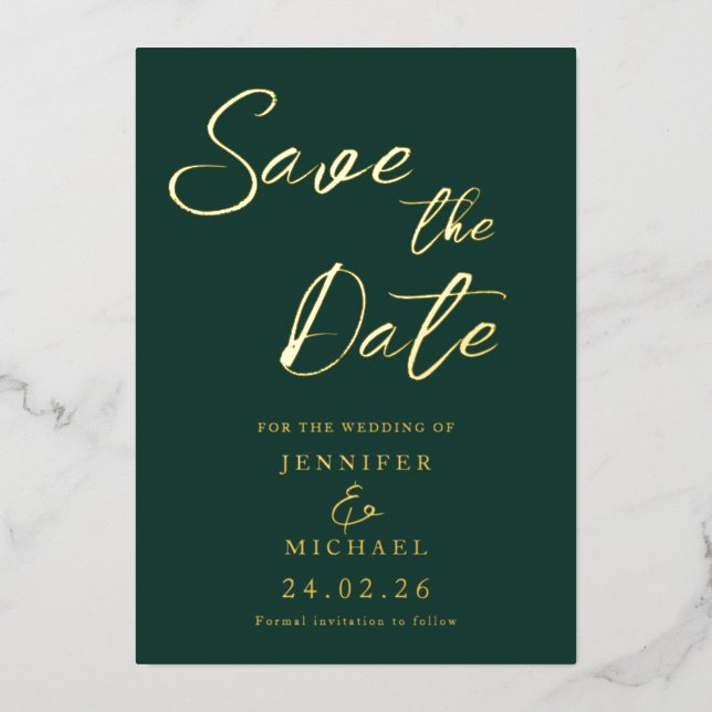 Emerald Green Wedding Save The Date Gold Foil Invitation (Front)