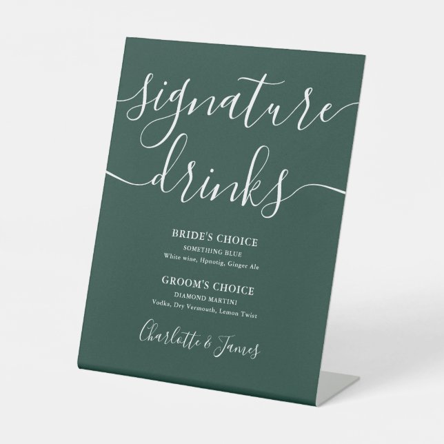 Emerald Green Wedding Signature Drinks Pedesta Pedestal Sign (Front)