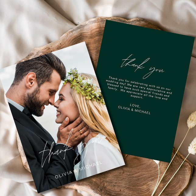 Emerald Green Wedding Thank You Photo Minimalist Card (Creator Uploaded)