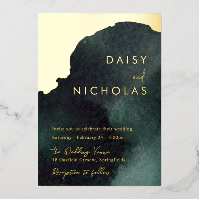 Emerald Green Wedding: Watercolor Gold  Foil Invitation (Front)