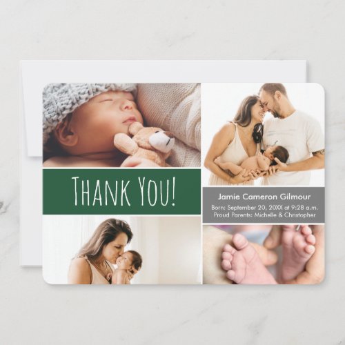 Emerald Green Welcome Home Baby boy Photo Collage Thank You Card