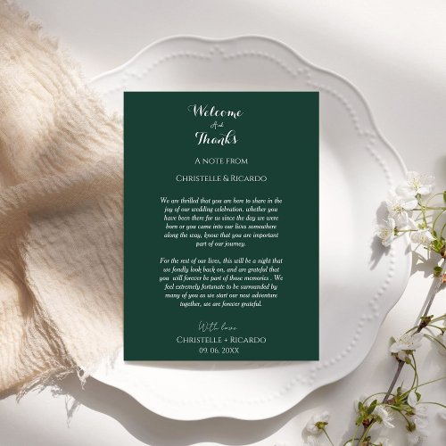 Emerald green  Welcome  thank you Wedding note 