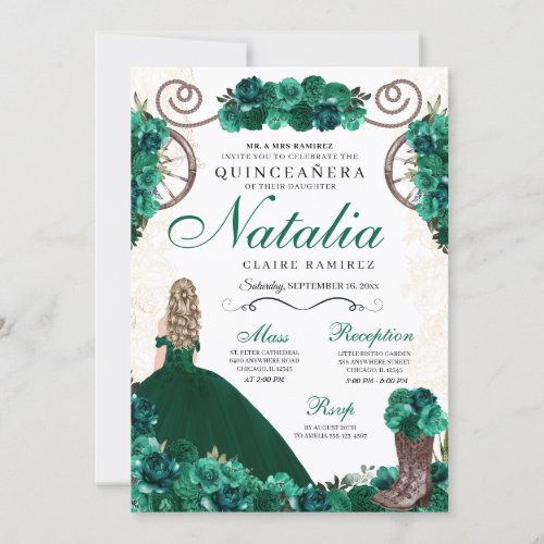 Emerald Green Western Charra Princess Quinceanera Invitation